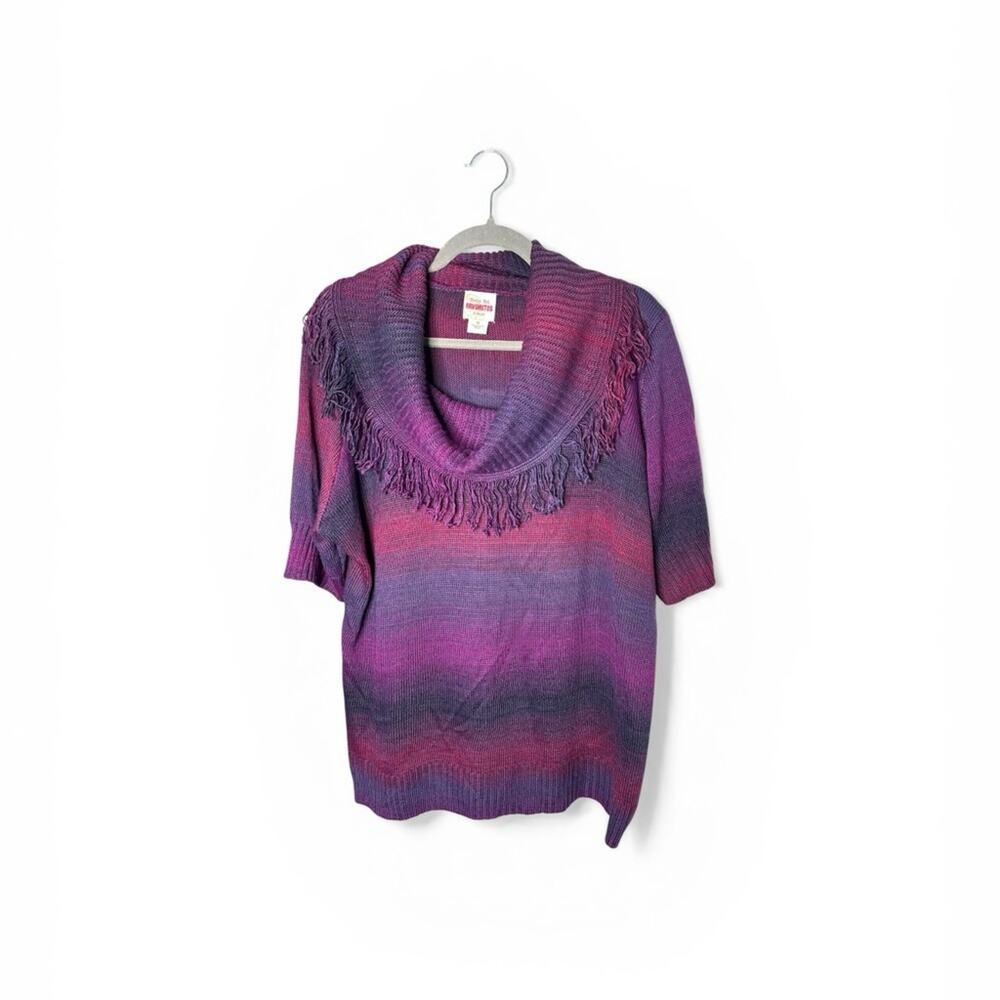 Ruby Rd Purple Red Colorblock Short Sleeve Fringe Cowl Neck Sweater 1X